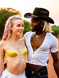 Adult model in black denim and pink dreadlocks with blonde woman in lingerie